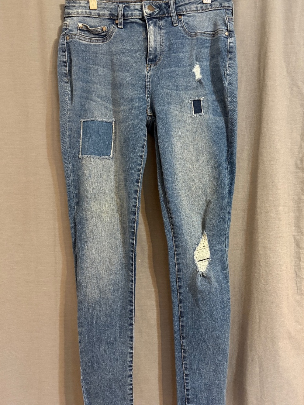 Faded Glory Women's 8 Denim Blue Skinny Jeans Distressed Patched Medium Wash